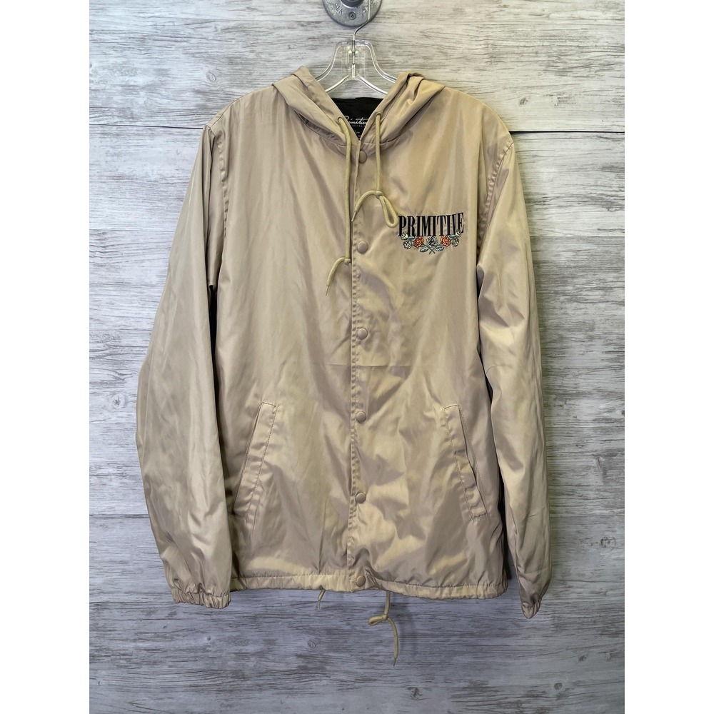 Primitive Skateboarding Jacket‎ Mens S Beige Windbreaker Hooded Snap Pockets